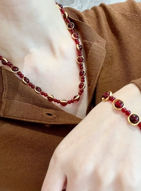 新中式复古红色水晶串珠项链手工串珠手链锁骨链轻奢毛衣链配饰女