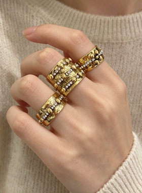 三件套~春夏新款立体镶钻戒指复古做旧金属指环小众食指戒套戒女