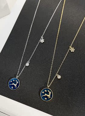 体纯银项链圣诞节小鹿雪花吊坠女