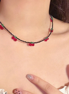 樱桃小众水晶串珠黑色高级感短链