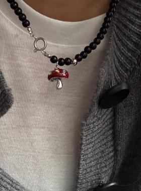 小众设计感耳扣耳环滴油彩色蘑菇项链黑色酒红色串珠百搭毛衣链女