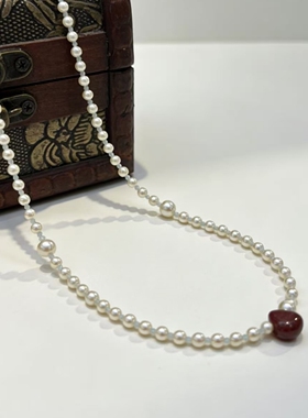 暗红色水滴朱砂吊坠项链女高级感小众新中式珍珠水晶串珠锁骨链潮