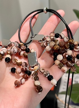 菩提石流苏串珠长项链女轻奢小众设计高级感斑马石耳环毛衣链套装