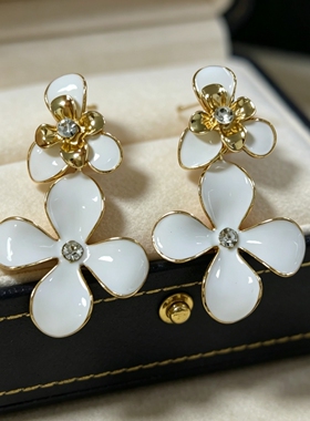 中古vintage风白色花卉耳环复古双花朵花瓣珐琅耳饰立体白花耳钉