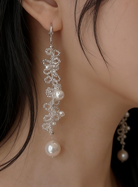 轻奢小众设计银色花雾浪漫编织珍珠耳环手作串珠气质锁骨链颈链女