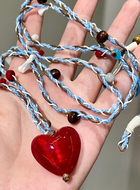复古彩色编织棉绳毛衣链手编长款爱心项链编绳链串珠饰品吊坠配饰
