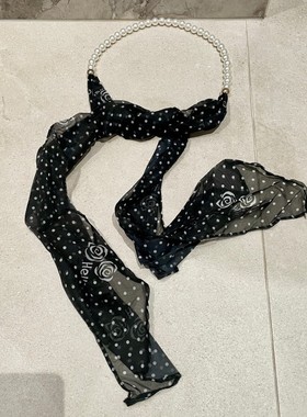 高级感波点玫瑰珍珠丝巾女秋季薄款系脖法式飘带围巾领巾长条丝带