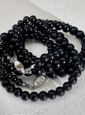 日韩新款元宝扣圆形黑色串珠项链小众高级感个性时髦黑珠锁骨链女