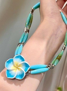 蓝色鸡蛋花水晶串珠项链女小众设计春夏花朵锁骨链度假风颈链项圈