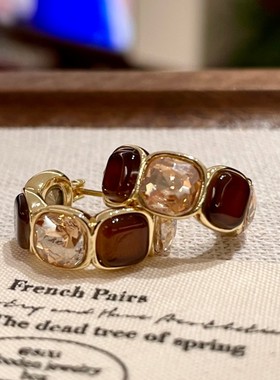 复古气质几何方块锆石耳环女轻奢气质高级感耳圈秋冬美拉德耳饰潮