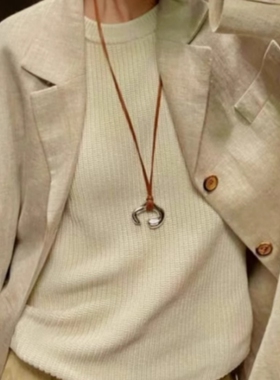 皮革绳子u型马蹄金属长款毛衣链