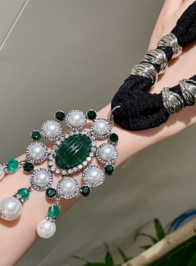 欧美夸张珍珠祖母绿色闪钻宫廷风锁骨链高级感时尚礼服项链女颈链