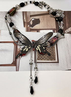 暗黑系炫彩黑色蝴蝶流苏链条颈链choker甜酷个性项链辣妹锁骨链女