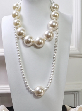 小众超大珍珠串珠叠戴锁骨链夸张简约双层毛衣链小众复古项链配饰