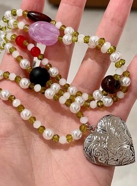 新中式项链长款叠戴水晶串珠颈链雕花爱心吊坠锁骨链高级感毛衣链