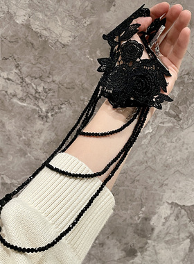 黑暗玫瑰刺绣手工钉珠叠层项链玫瑰花水晶串珠多层毛衣链轻奢颈链