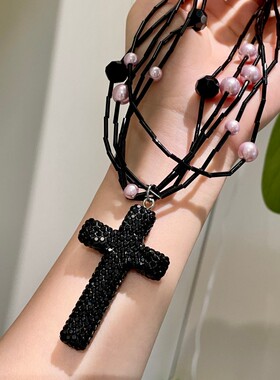 甜酷风黑色闪钻水晶十字形项链女多层串珠叠戴颈链choker锁骨链潮