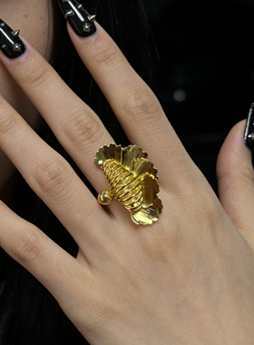 小众个性复古戒指高级感金色银杏叶夸张开口戒几何弹簧线条食指戒