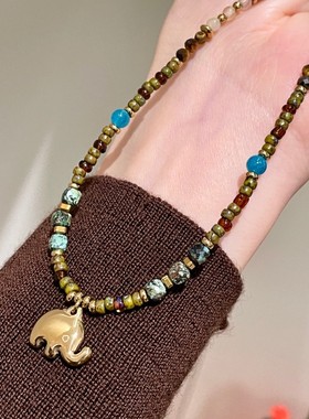 小象吊坠混彩天然石串珠项链小众多巴胺锁骨链百搭叠戴毛衣链配饰