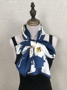 品牌款～蓝色茉莉特惠款素绉缎52*172cm真丝长巾单面印花