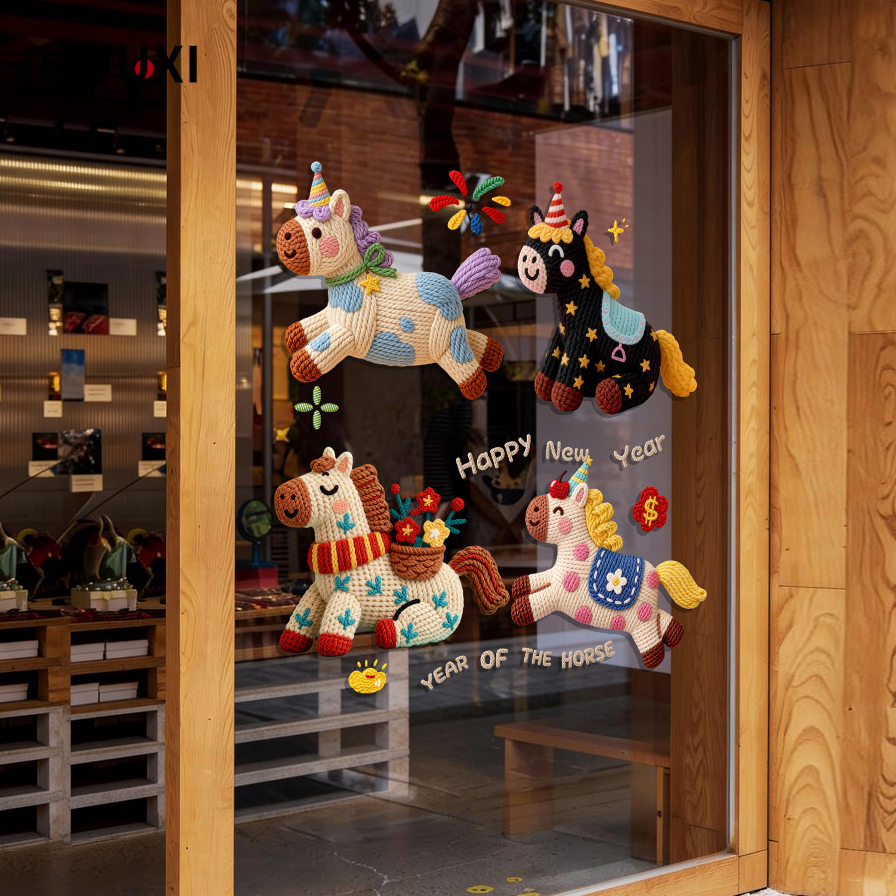 2026新年卡通小马门贴彩色仿布艺可爱装饰贴纸平面打印玻璃门窗贴,淘宝优惠券,粉丝福利购,淘宝优惠卷