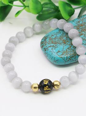 圆珠白猫眼石六字箴言佛珠手串