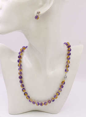 天然套装油菜花玉髓紫黄玉石女圆