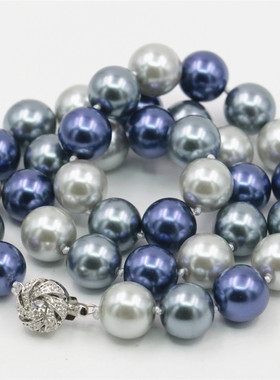 灰黑蓝混色圆珠珍珠项链项饰