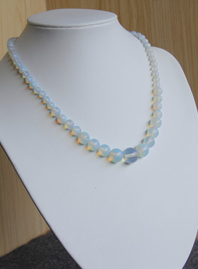 圆珠乳白色蛋白石项链塔链手工串