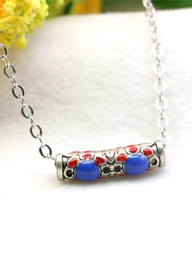 油菜花景泰蓝长管天然石女蓝项链
