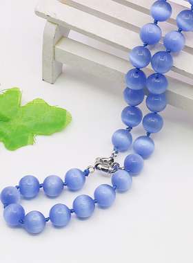 油菜花玉石猫眼石圆女浅蓝色项链