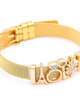 欧洲魅力不锈钢手潮流 DIY镶钻雪花串珠10mm表带形可调节网片手链