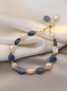 蓝东陵玉石淡水珍珠水晶手链女韩版时尚简约气质个性手饰网红手串