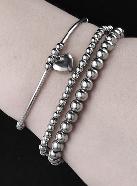 欧美跨境手饰品不锈钢爱心吊坠金属风手链组合甜酷串珠叠戴手镯女