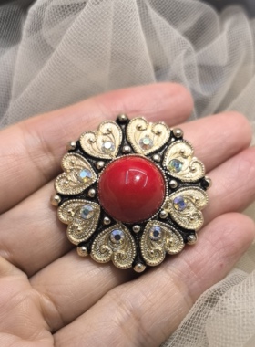 中古vintage胸针复古宫廷风仿金属红色花朵胸针胸花孤品