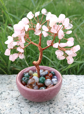 热销天然水晶树水晶发财树聚宝盆茶盏底座摇钱树家居桌面招财摆件