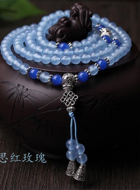 紫冰银镶嵌蓝绒晶饰品 天然 靛蓝晶108颗佛珠手链