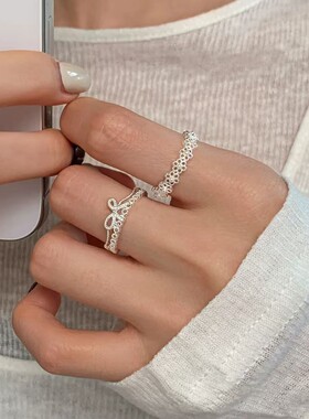 925纯银蝴蝶结戒指女小众设计珍珠尾戒高级开口戒食指戒