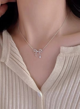925银纯银十字链女蝴蝶结项链