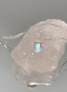 S925纯银双层设计爱心月光石项链女甜美渐变宝石桃心形锁骨链