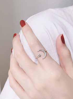 通体s925纯银开口月亮女日韩潮人