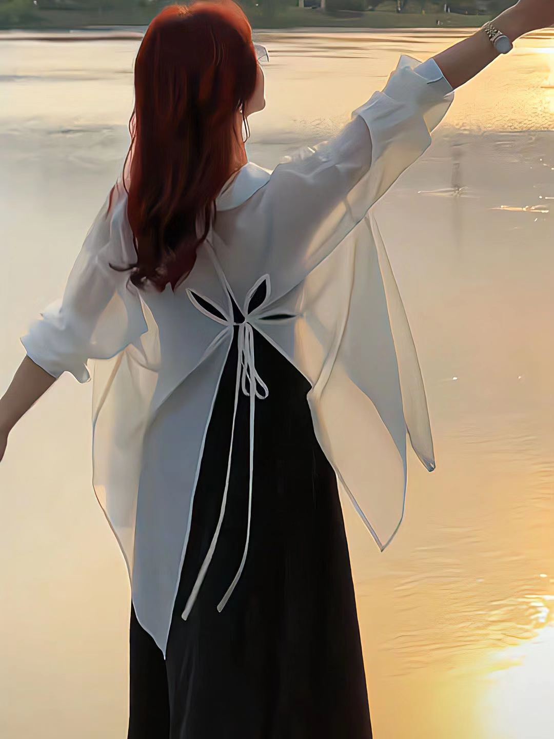 韩版时尚设计高级感百搭气质长袖衬衫女后背镂空系带休闲简约上衣