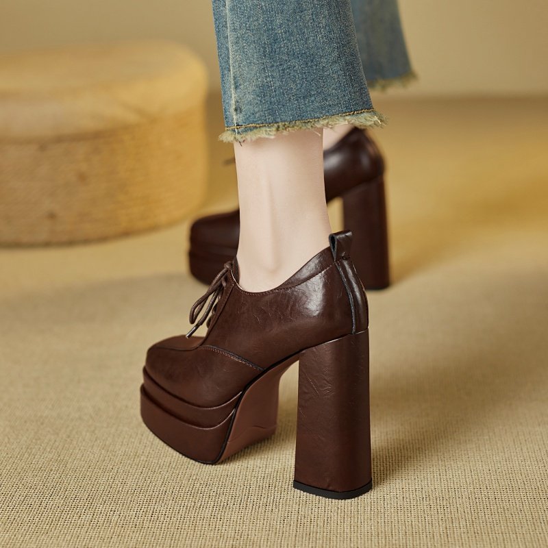 防水台深口超高跟鞋女秋季圆头粗跟小个子厚底不累脚系带单鞋黑色,淘宝优惠券,粉丝福利购,淘宝优惠卷