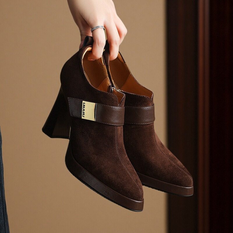 10cm复古尖头粗跟深口单鞋女2025春秋新款磨砂防水台真皮超高跟鞋,淘宝优惠券,粉丝福利购,淘宝优惠卷