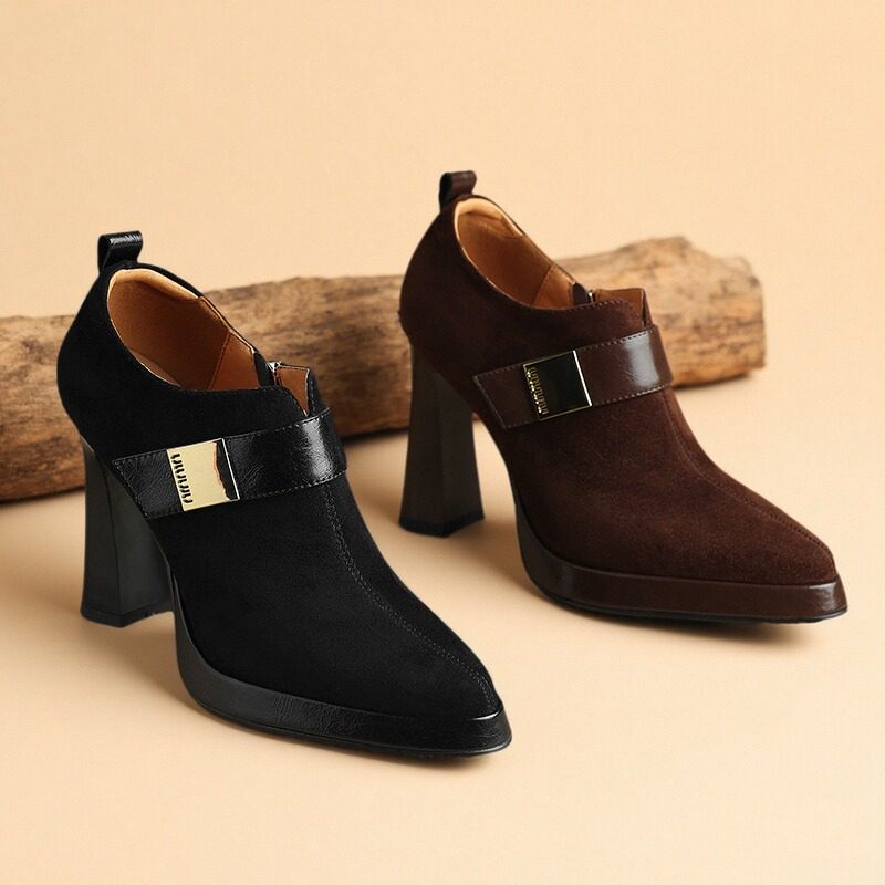 10cm复古尖头粗跟深口单鞋女2025春秋新款磨砂防水台真皮超高跟鞋,淘宝优惠券,粉丝福利购,淘宝优惠卷