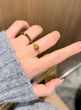 25新款纯银金色拉丝猫眼虎眼石钱币戒指女简约个性复古叠戴指环