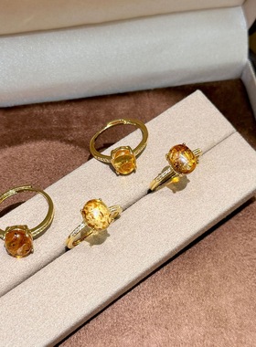 25新款椭圆天然琥珀四爪金色闪钻开口戒指女简约休闲百搭小众指环