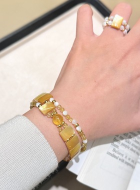 26新款天然月光石拼黄塔晶双层黄贝母手链女小众精致显白戒指套装