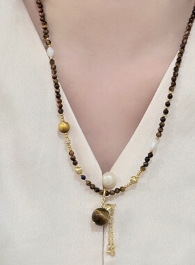 2026新款早秋高级感天然虎眼石美拉德葫芦吊坠长款流苏项链女百搭