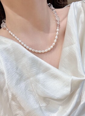 s925纯银天然白水晶淡水珍珠双拼项链女精致优雅清冷感轻奢锁骨链